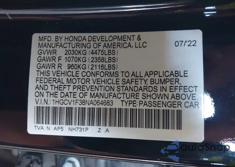 2022 Honda Accord Sport from USA, damaged, VIN 1HGCV1F38NA064683